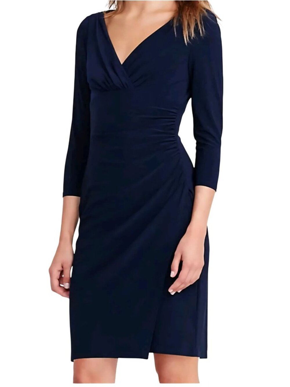 Lauren Ralph Lauren Classic Navy Ruched Jersey Dress Career Classic Size 2p